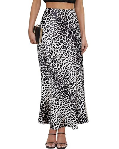Women's Leopard Print Satin Maxi Skirt High Waisted Elastic Waistband Silk A-Line Casual Party 20... | Amazon (US)