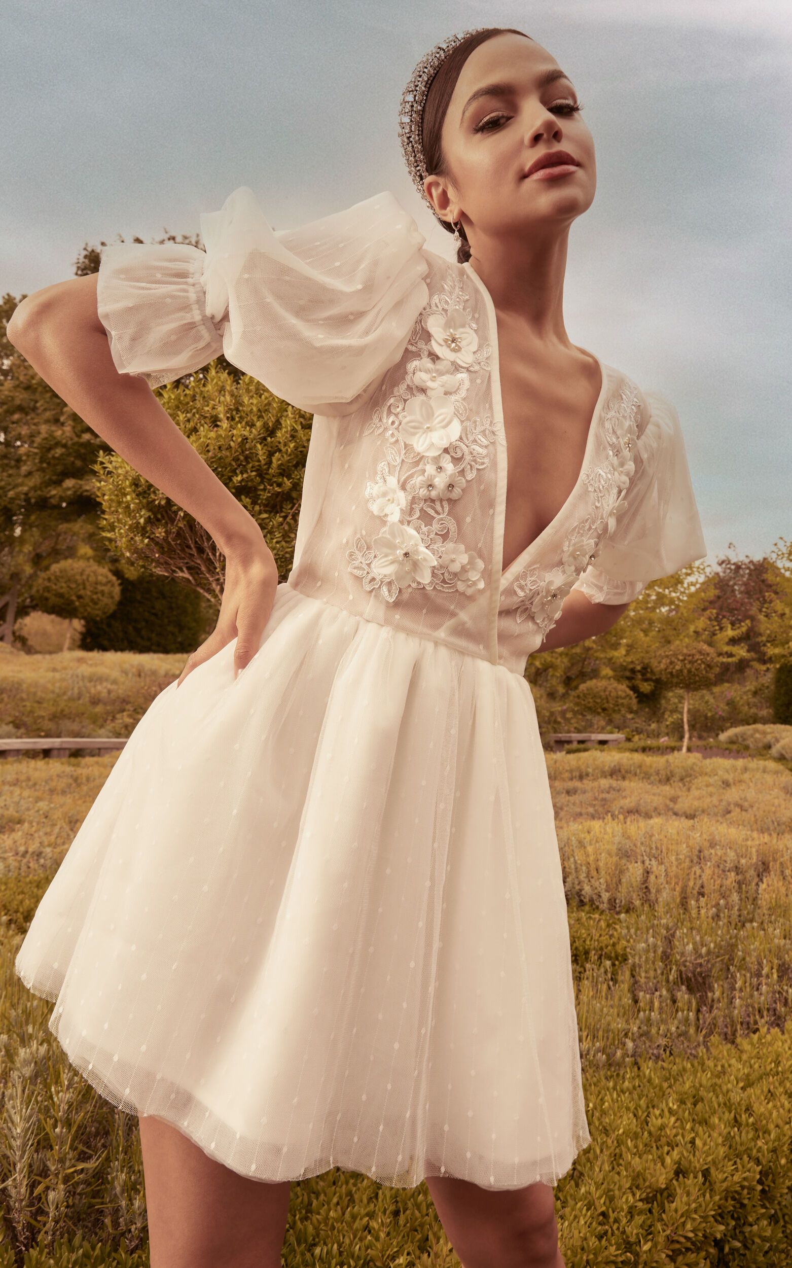 Akshia Mini Dress - Puff Sleeve Floral Detail Plunge Neck Dress in White | Showpo (ANZ)