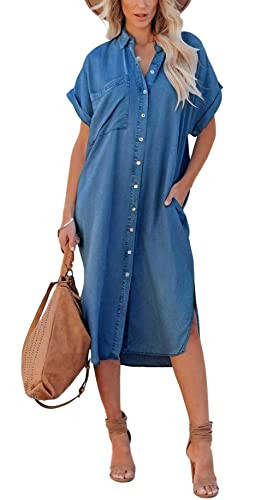 chouyatou Women's Summer Loose Hand Pocket Midi Long Tunic Denim Shirt Dress (Medium, Dark Blue) | Amazon (US)