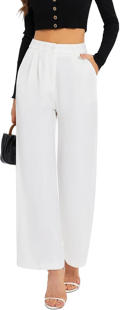 FUNYYZO Women's Wide Leg Pants High Elastic Waisted in The Back Business Work Trousers Long Straight | Amazon (US)