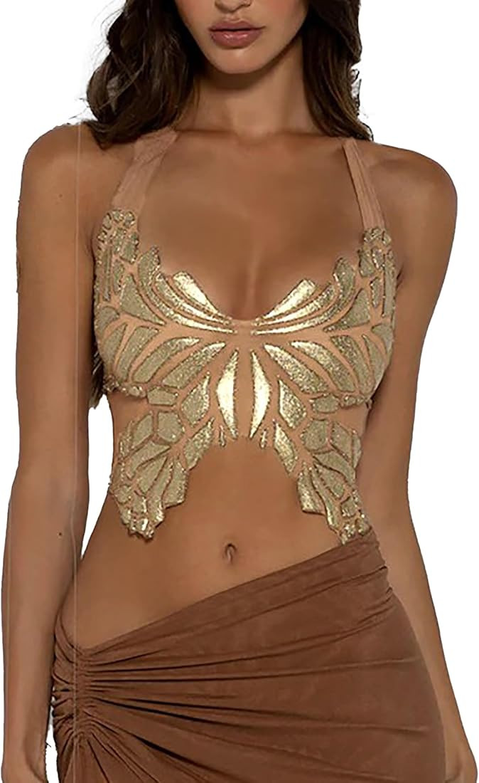 CORIRESHA Women's Sexy Butterfly Tie Backless Rave Night Out Club Crop Tank Top Camis | Amazon (US)
