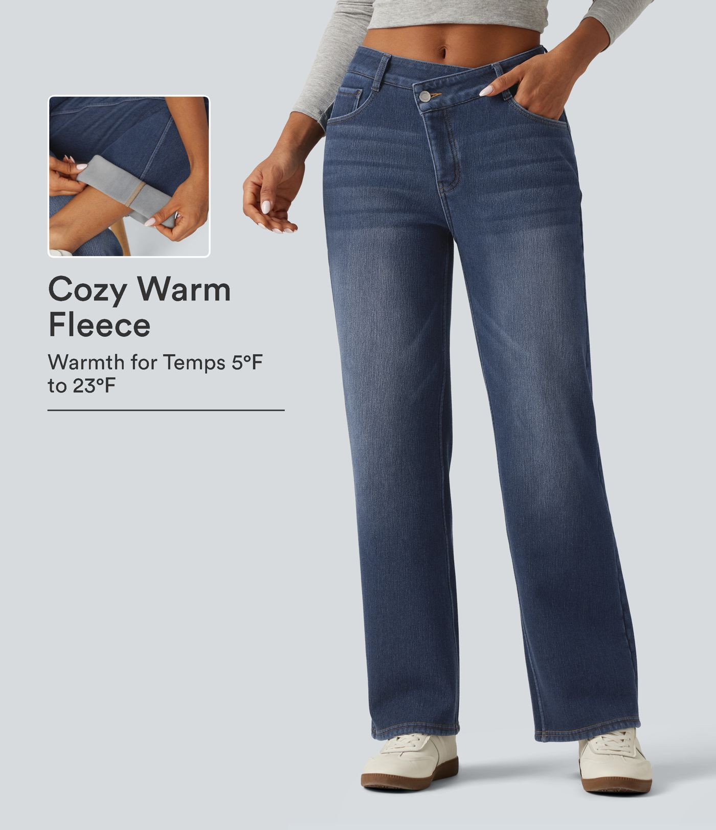 Mid Rise Asymmetric Straight Leg Fleece Casual Jeans with Pockets | HALARA