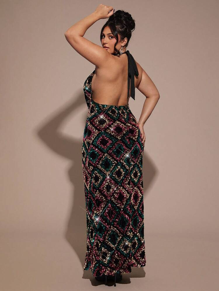 Plus Multi-Color Plunging Neck Tie Waist Maxi Bodycon Dress | SHEIN