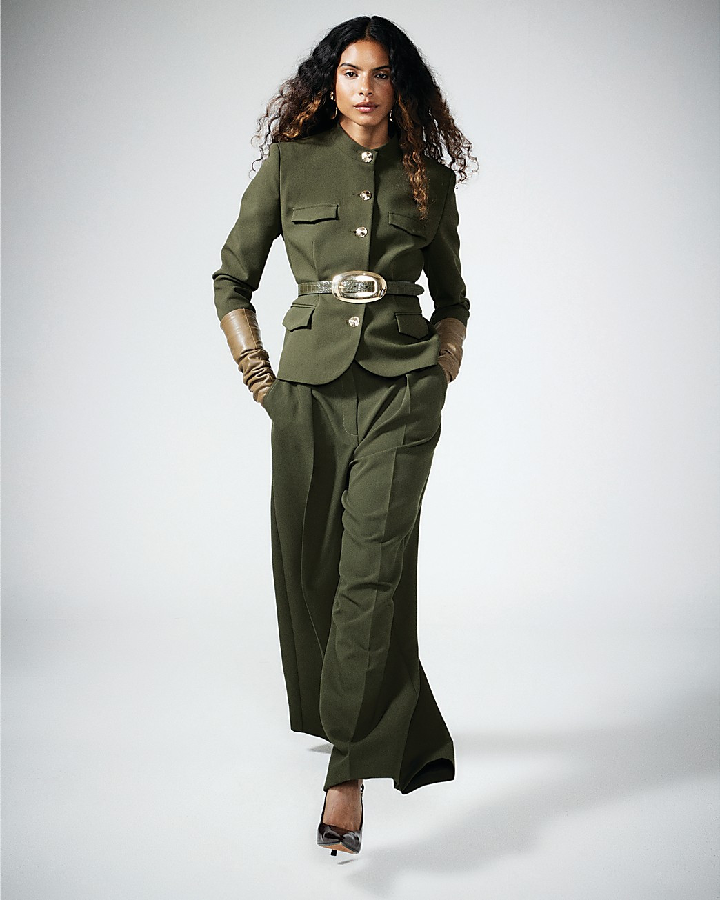 Khaki Premium High Waisted Wide Leg Trousers | River Island (UK & IE)