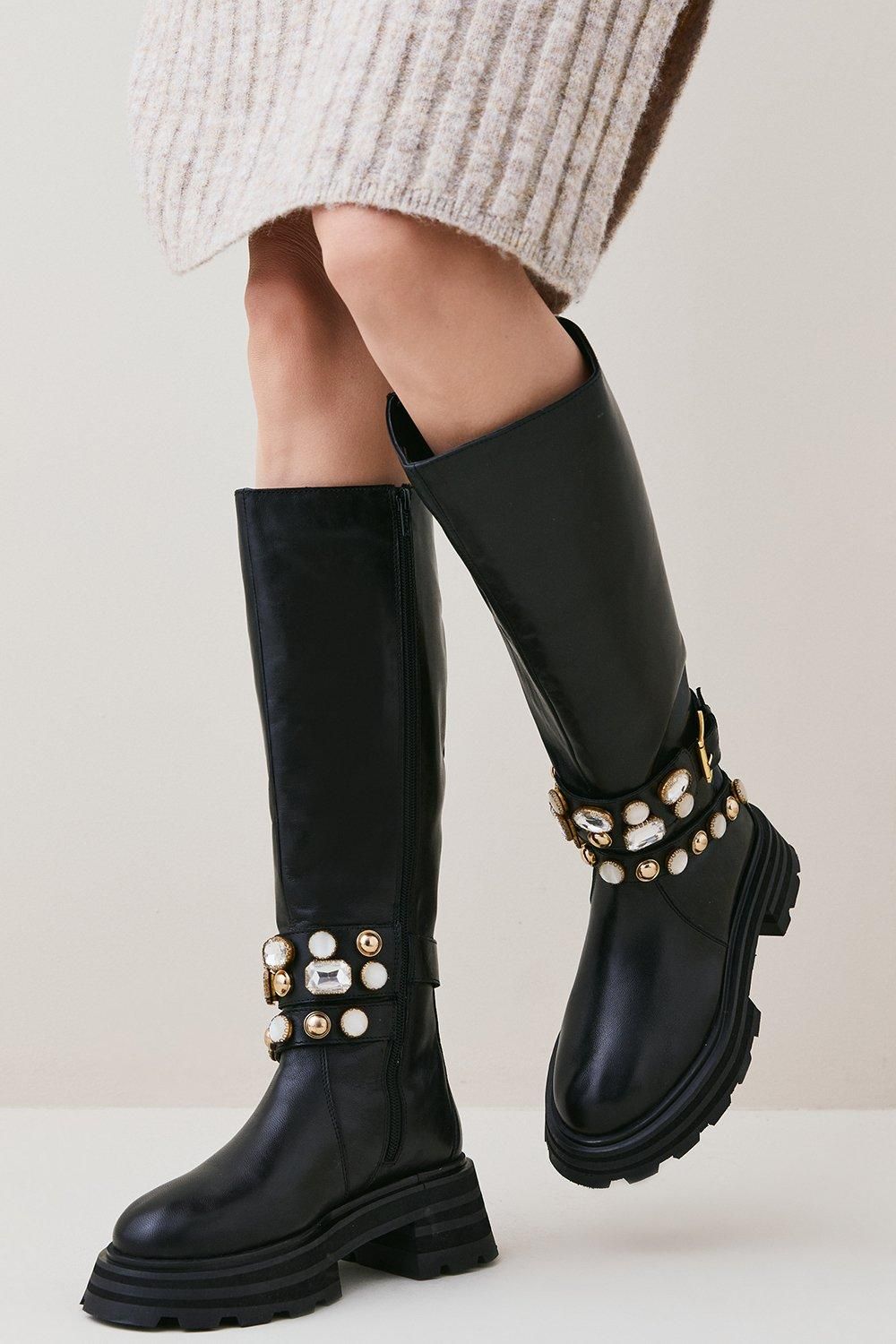 Leather Embellished Knee High Boot | Karen Millen US