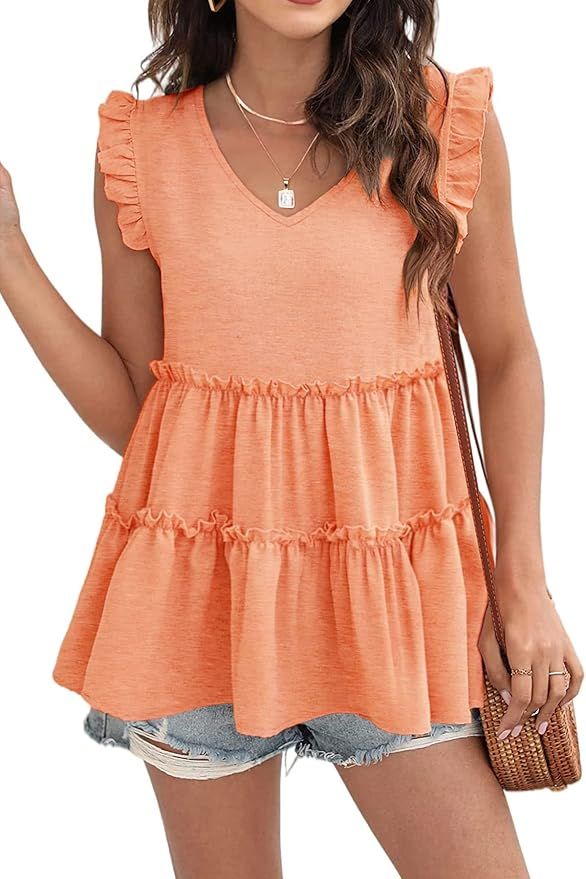 Womens Babydoll Tank Tops V Neck Ruffle Sleeve Pleated Peplum Shirts Summer | Amazon (US)
