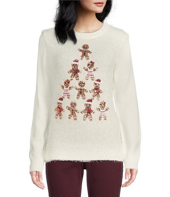 Lisa International Sequin Gingerbread Crew Neck Eyelash Christmas Sweater | Dillard's | Dillard's