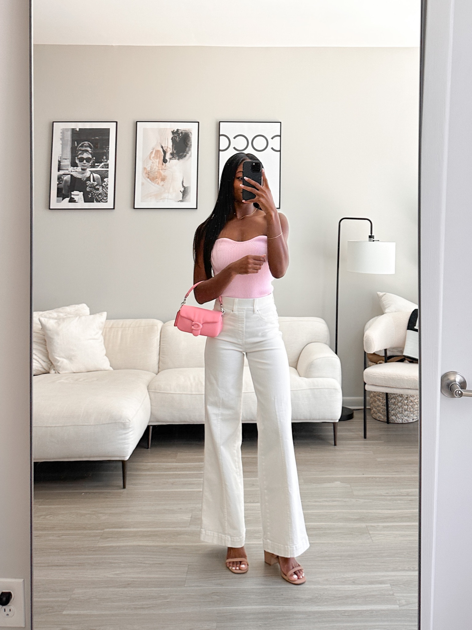 Spring outfit inspiration! Finally got the Coach Pillow Tabby bag! Went with pink for a pop of color! You can use my code: BRENNAXSPANX for $$ off of my white jeans! ✨ 

#LTKstyletip #LTKSeasonal #LTKitbag