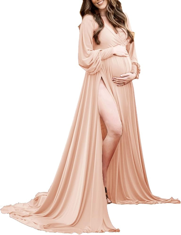 Maternity Gown Bishop Sleeves Baby Shower Dress Wrap Side Slit Sweetheart Maxi Photo Shoot for Ph... | Amazon (US)