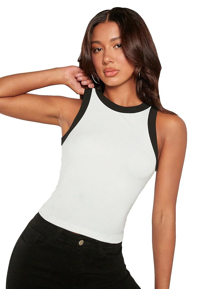 Milumia Women's Basic Color Block Crew Neck Crop Tank Top Casual Contrast Binding Fitted Vest Shi... | Amazon (US)