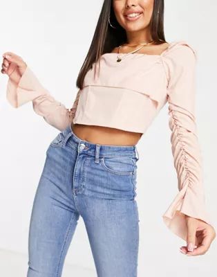 Femme Luxe puff long sleeve top with drape front in blush | ASOS (Global)