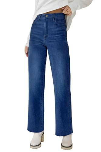 KDF Straight Leg Jeans for Women High Waisted Jeans Frayed Baggy Pants Raw Hem Loose Stretchy Cropped Wide Leg Jeans Dark Blue Size 4 | Amazon (US)