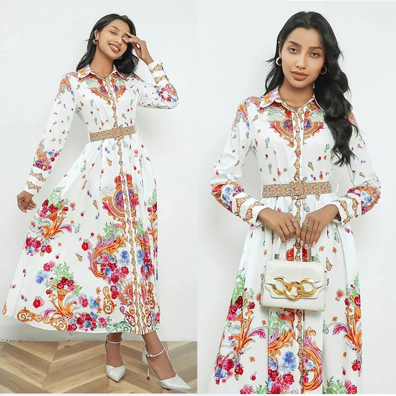 Designer Floral Paisley Print Vintage Shirt Dress with Belt Long Sleeve Lapel Button Women Party ... | DHGate