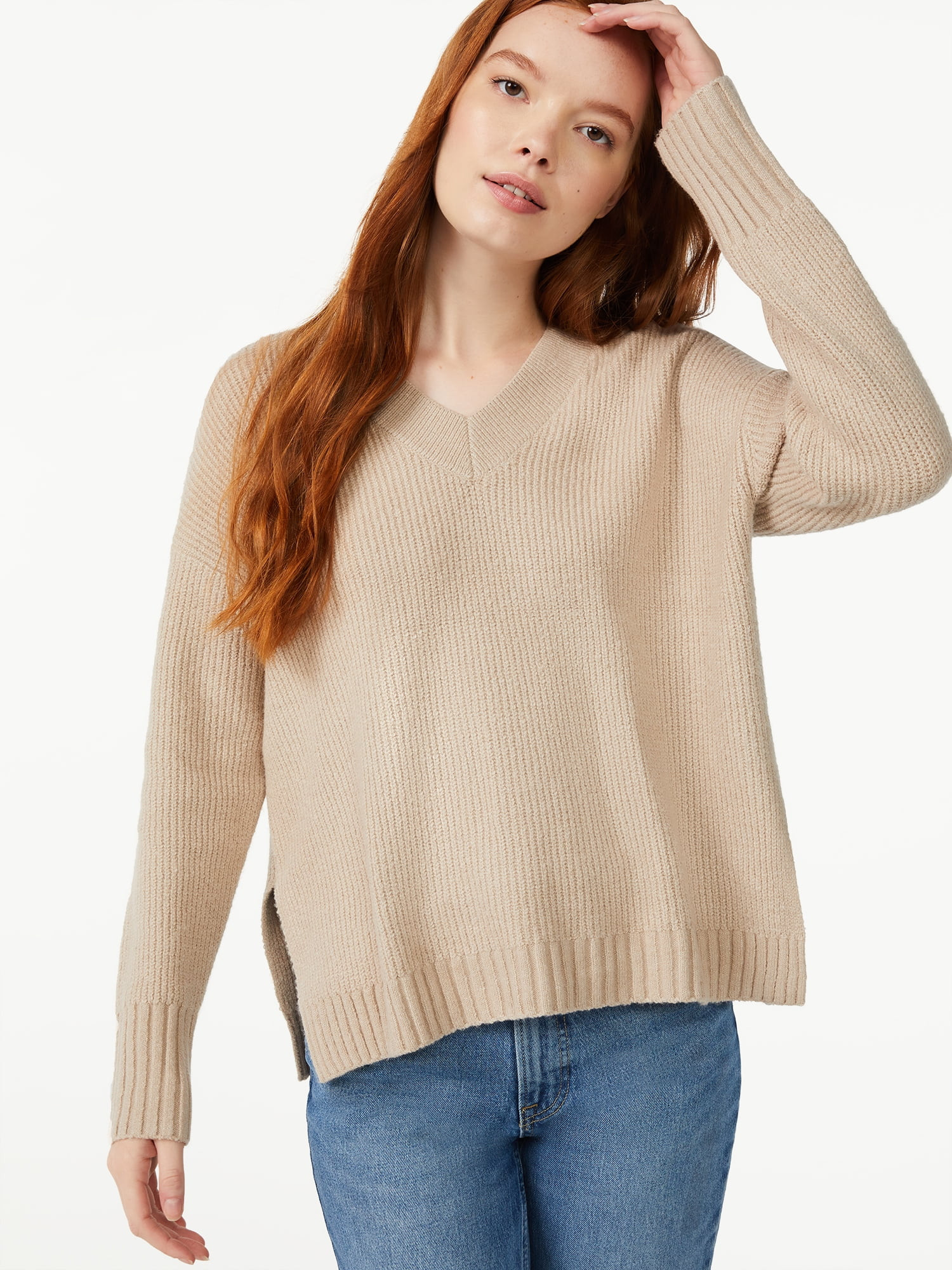 Free Assembly Women's Oversized V-Neck Fuzzy Cotton Sweater | Walmart (US)