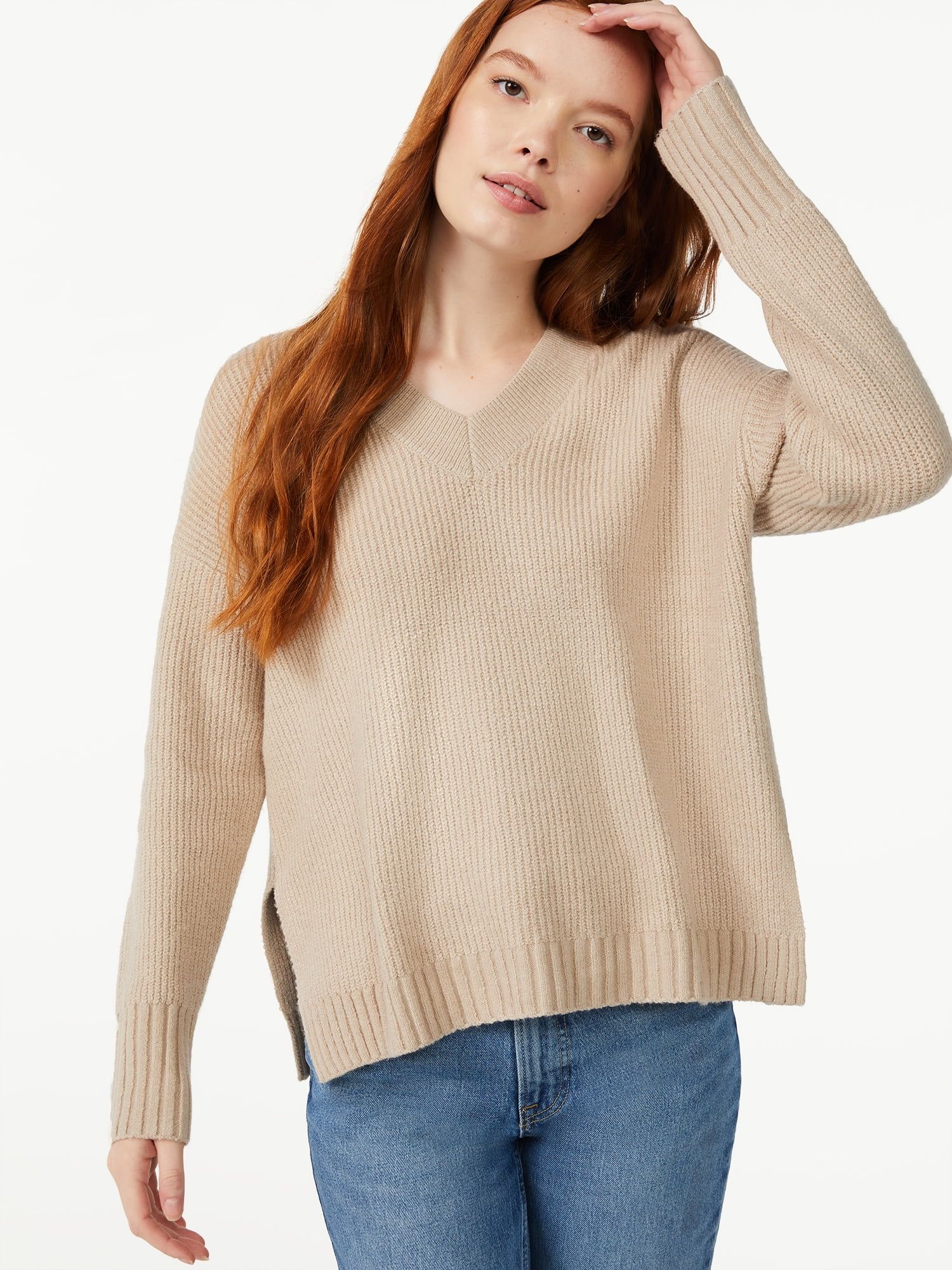 Free Assembly Women's Oversized V-Neck Fuzzy Cotton Sweater - Walmart.com | Walmart (US)