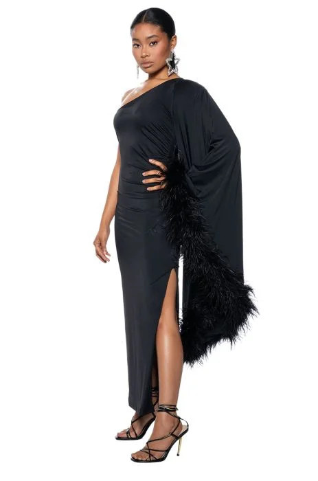 BRING THE DRAMA ONE SLEEVE FEATHER MAXI DRESS IN BLACK | AKIRA