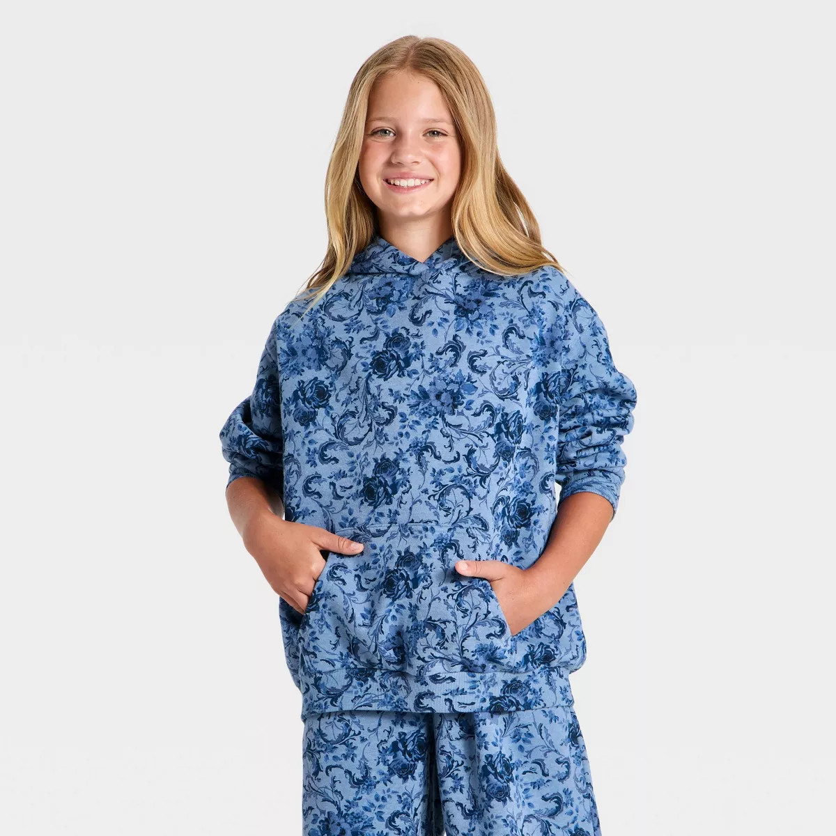 Girls' Oversized Floral Fleece Hoodie - art class\u2122 Blue M | Target