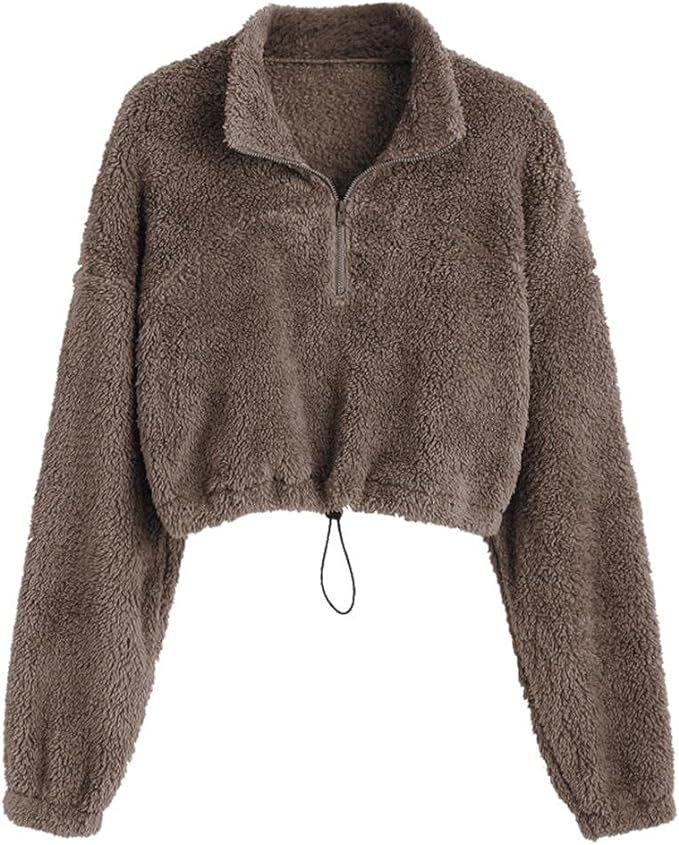ZAFUL Women's Faux Fur Half Zip Fuzzy Sweatshirt Warm Fleece Crop Sherpa Pullover Tops | Amazon (US)