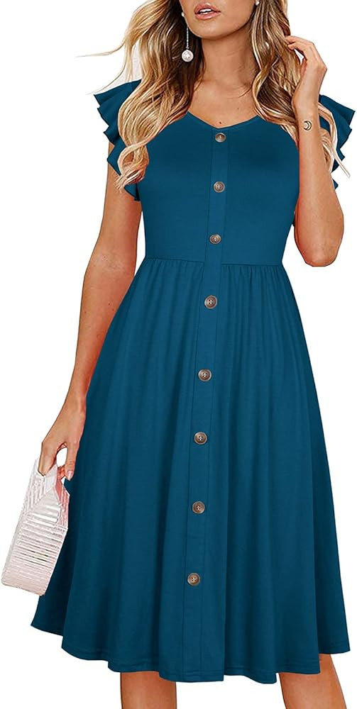 Lamilus Women's Casual Summer Ruffle Sleeve V-Neck Button Down A-Line Swing Party Dress | Amazon (US)