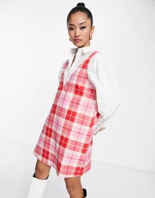 Monki pinafore mini dress in red and pink check | ASOS (Global)
