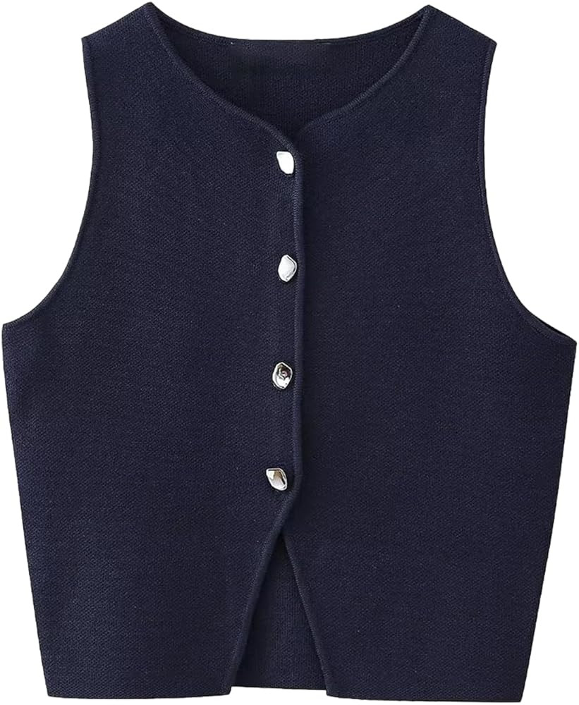 Womens Sleeveless Sweater Vest Button Down Slim Cardigan Vest Y2k Sexy Knit Vests Crew Neck Cropp... | Amazon (US)