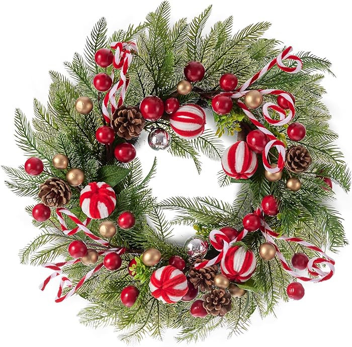WDS WONDROUS 24 Inch Artificial Christmas Wreath for Front Door Decor, Xmas Wreath Candy Canes, C... | Amazon (US)