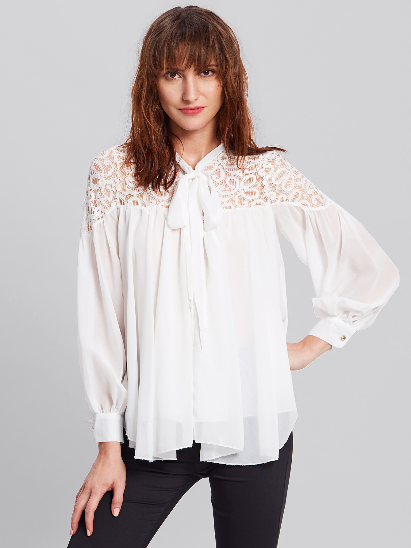 Bow Tie Lace Shoulder Blouse | SHEIN