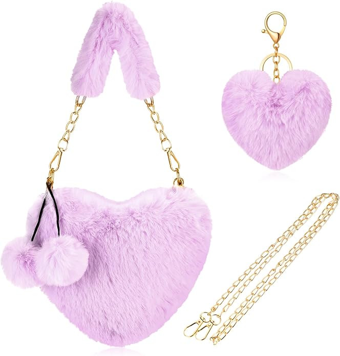 Abbylike Furry Heart Shaped Purse Fluffy Faux Fur Shoulder Bag Crossbody Bag for Women Girls Hall... | Amazon (US)