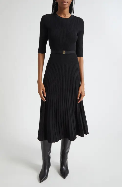 Veronica Beard Elthea Elbow Sleeve Rib Knit Dress in Black at Nordstrom, Size Large | Nordstrom