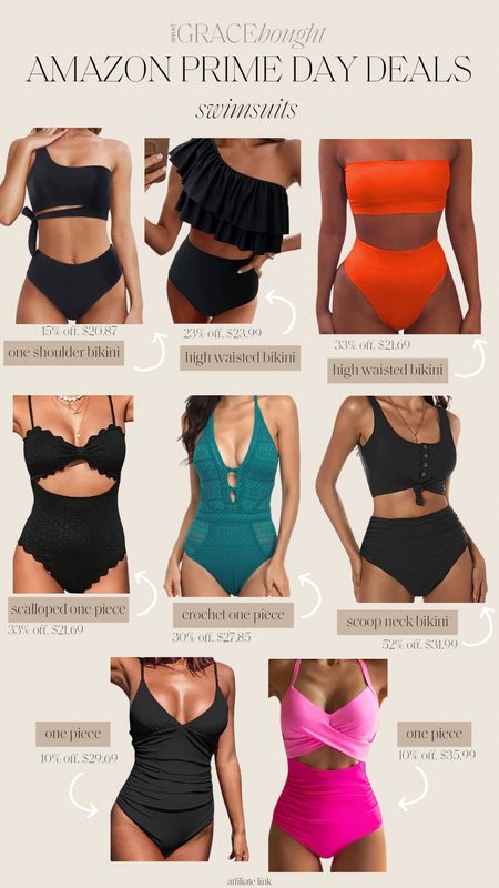 Amazon prime day deals: Amazon has tons of swimsuits on sale for prime day including one shoulder bikinis, high waisted bikinis, strapless bikinis, scalloped detail one pieces, crocheted one pieces, scoop neck bikini with button down top, black one pieces, and one pieces with cutouts

#LTKsalealert #LTKFind #LTKxPrimeDay