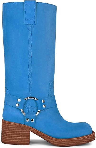 Motorcycle Riding Knee High Boots for Women Wide Calf Buckle Boots Square Toe Chunky Heel Biker M... | Amazon (US)