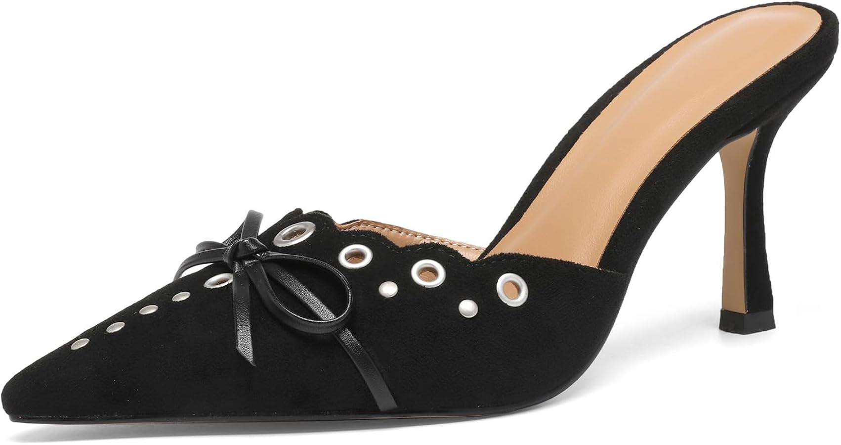 Riekhany Heeled Mules for Women Pointed Toe Suede Heels Bow Tie Slip On Pumps | Amazon (US)