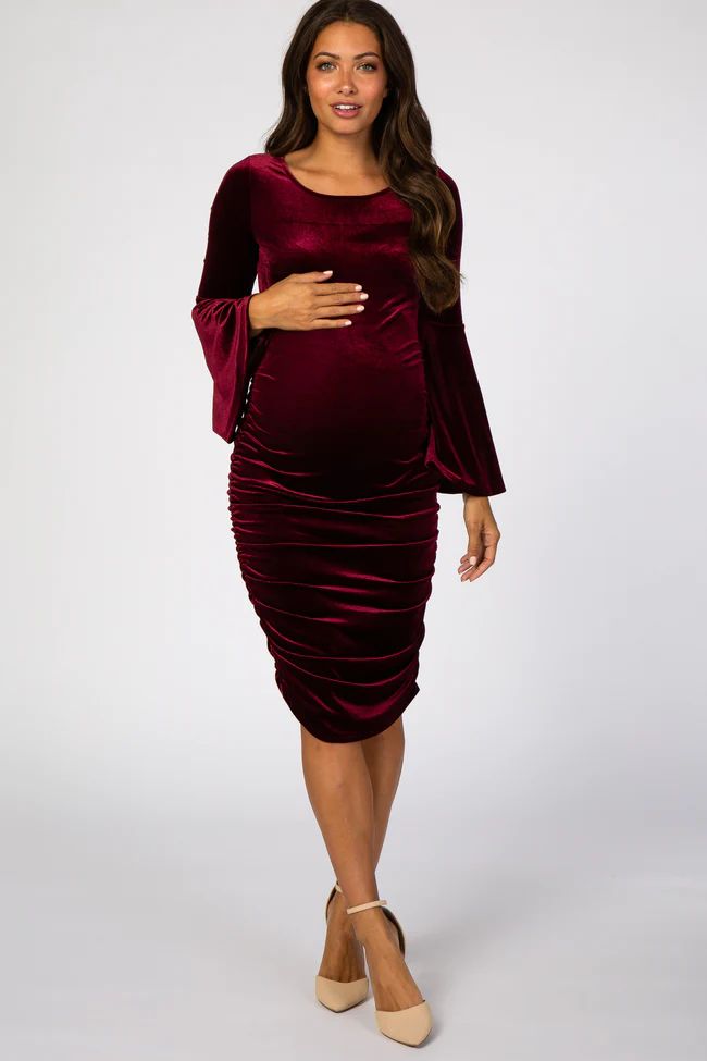 Burgundy Velvet Ruched Bell Sleeve Maternity Dress | PinkBlush Maternity