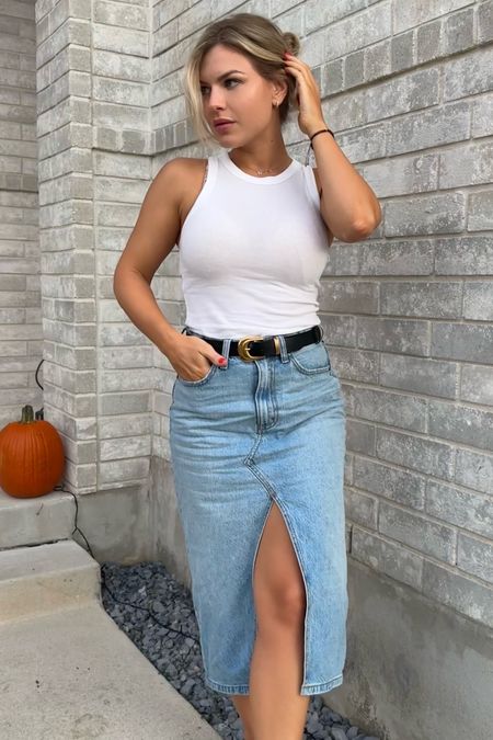 Long denim skirt. Wearing size 27 petite 
Black and gold belt 
Amazon finds 
White basic tank top 
Fall trends 
Fall outfit 

#LTKSeasonal