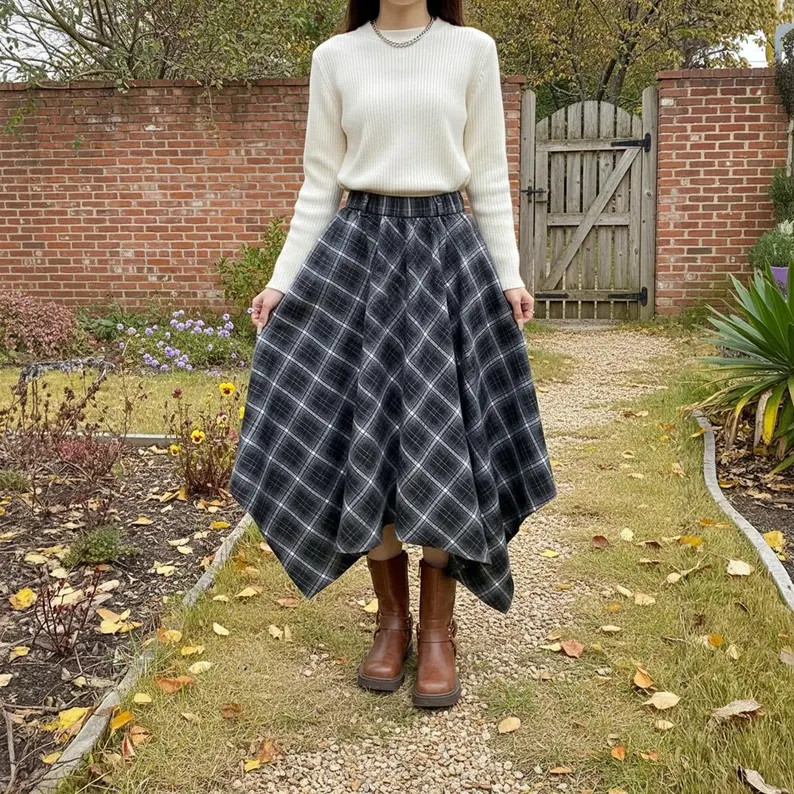 Warm Plaid Swing Skirt: Cottage Style Elastic Waist Skirt - Etsy Sint Maarten (Dutch part) | Etsy (US)
