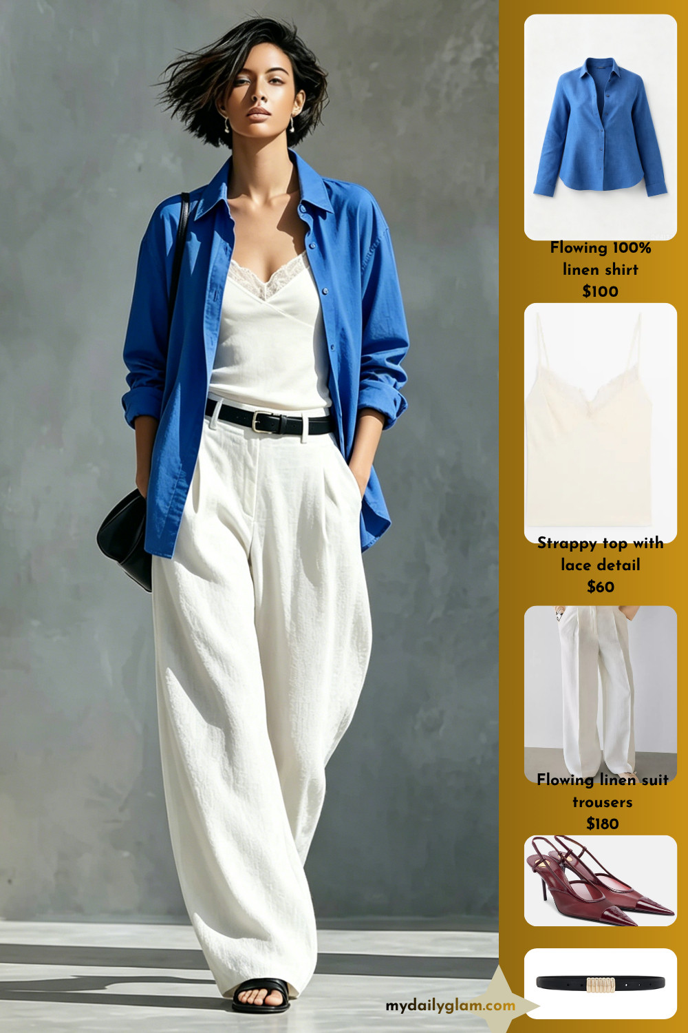 Chic Everyday Minimal Outfit | Blue Linen Shirt + White Wide Leg Trousers Summer Layer Look 

 #LTKootd #LTKOver40 #LTKWorkwear