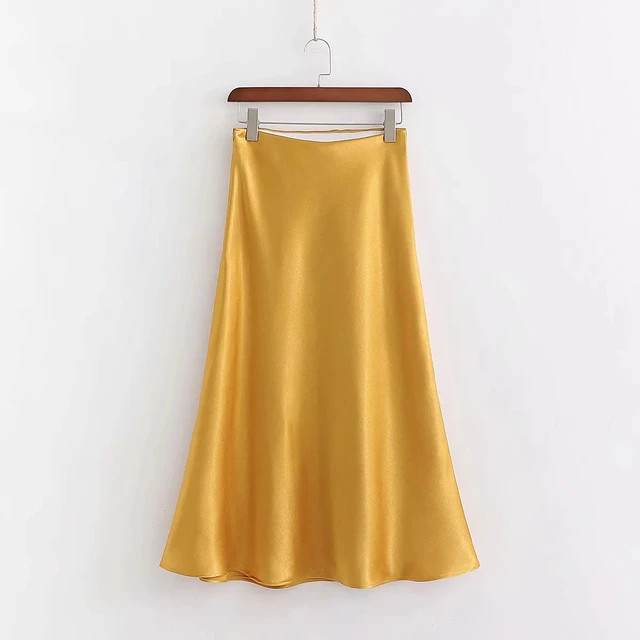 Elegantes saias de cetim de seda para mulheres, saia midi de cintura alta, vintage, prata, amarel... | Aliexpress BR (BR)