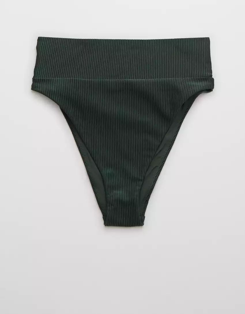 Aerie Ribbed Shine High Cut Cheeky Bikini Bottom | American Eagle Outfitters (US & CA)