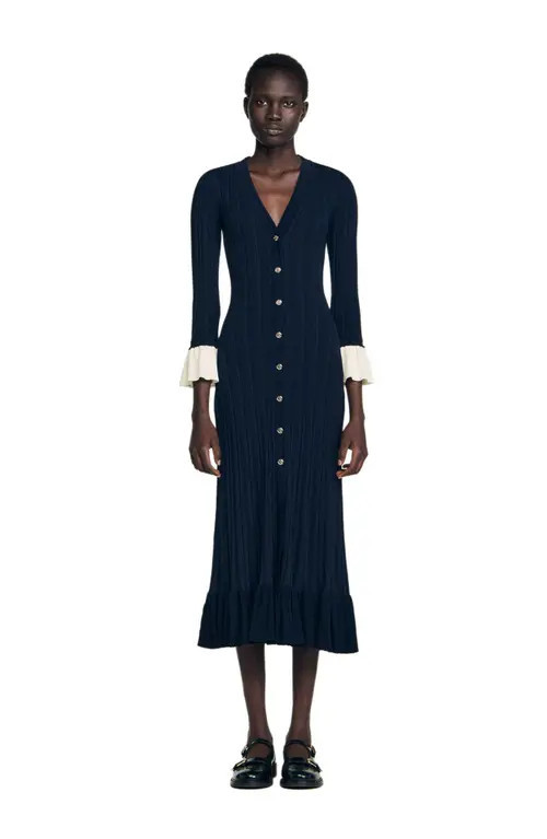 SANDRO Two-tone knit midi dress in Navy Blue at Nordstrom, Size 34 Eu | Nordstrom