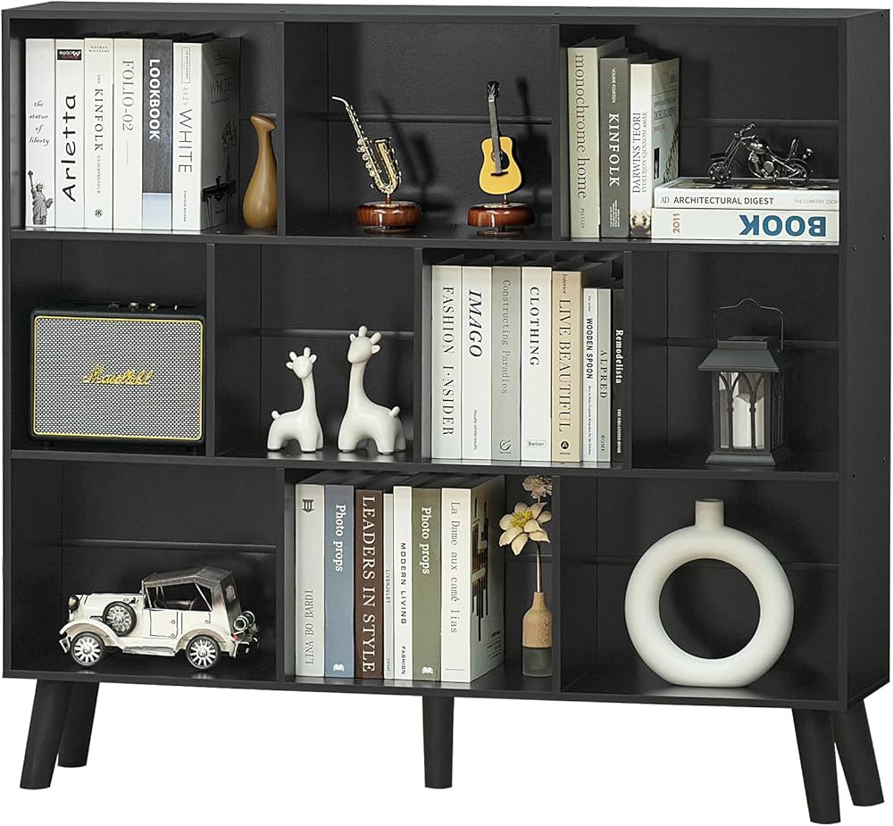 YAHARBO 10 Cube Bookshelf,3 Tier Bookcase with Legs,Black Mid-Century Modern Bookshelves,Large Fr... | Amazon (US)