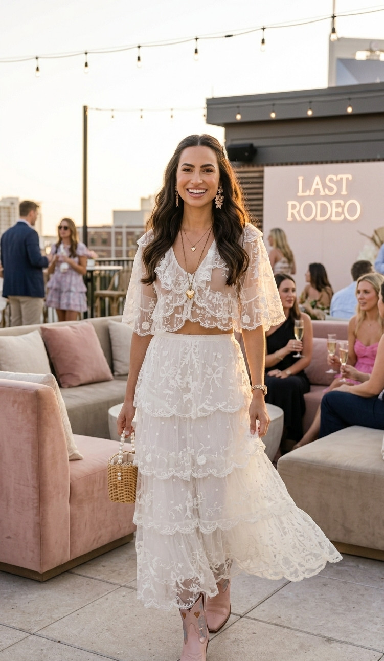 The dreamiest LoveShackFancy inspired Last Rodeo look 🤍 Feminine lace, western boots, rooftop vibes, and the perfect mix of romantic + cowgirl glam for a Nashville bach weekend.

This outfit feels SO elevated and playful for brides-to-be, girls trips, and western themed celebrations ✨

Linked my exact look in LTK.

#loveshackfancy #lastrodeo #nashvillebachelorette #westernfashion #bridetobe #cowgirlstyle #ltkstyle #femininefashion #girlsweekend #westernchic
