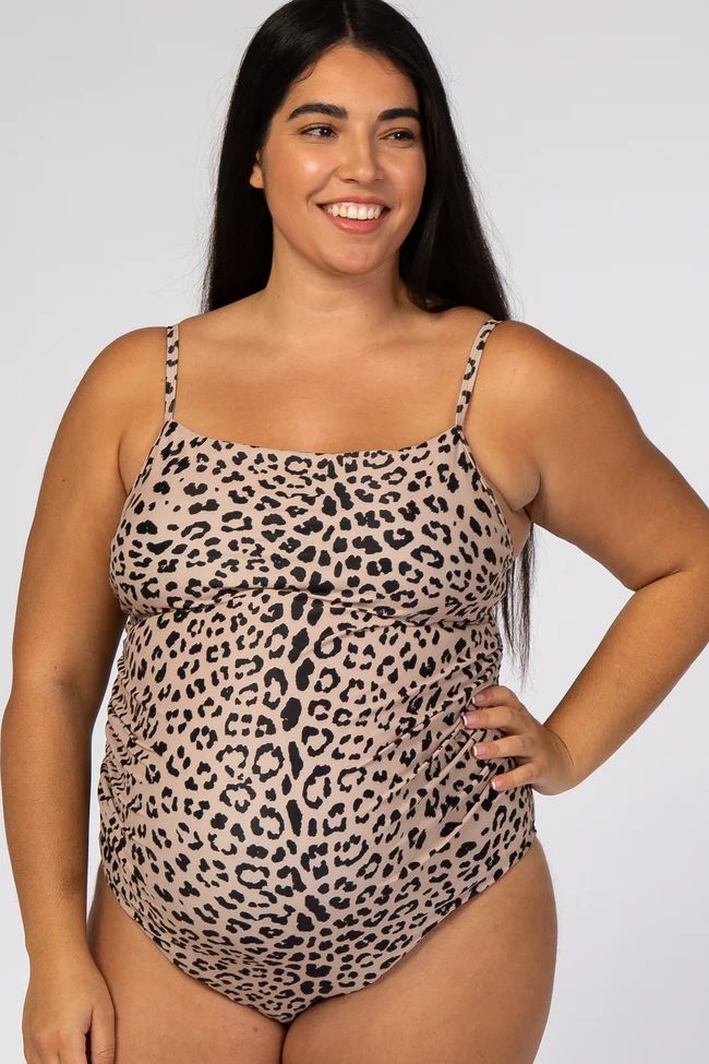 Beige Cheetah Print One-Piece Maternity Plus Swimsuit | PinkBlush Maternity