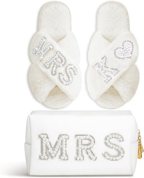 Xtinmee Personalized Initial Wedding Bride Slippers MRS Pearl Letter Makeup Bag Bridal Shower Gif... | Amazon (US)