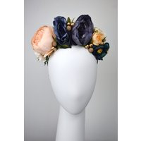 Flower Crown in Navy Blue, Blush and Gold  Bridal Flower Headband  Bridal Headpiece  Floral Headpiece  Festival Headpiece | Etsy (UK)