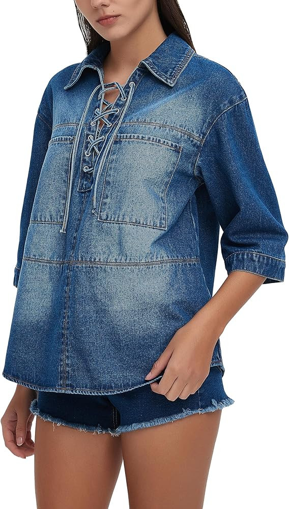 Womens Denim Shirt Casual Short Sleeve Oversized Lace-Up Jean Shirt Top | Amazon (US)