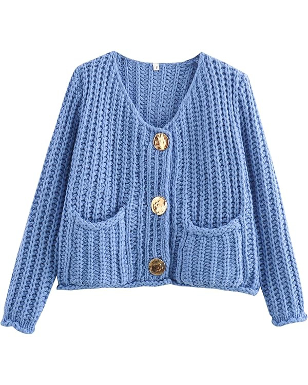 Zhiyouni Women's Cropped Cardigan Sweater Long Sleeves Button Down Chunky Knitted Coat | Amazon (US)