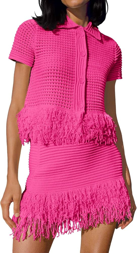 Fisoew Womens 2 Piece Outfits Crochet Short Sleeve Button Knit Sweater Tops and Fringe Skirt Vaca... | Amazon (US)