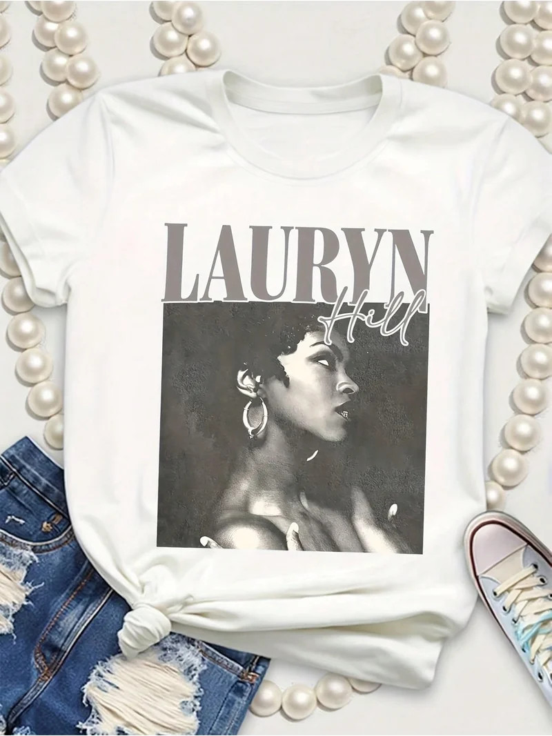 Women'S White T-Shirt With "LAUREN HILL" Portrait Print - Casual Party Accessory For Spring And S... | Walmart (US)