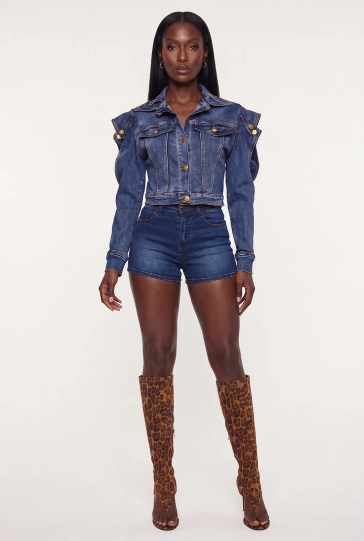 Denim Cold Shoulder Cropped Button Front Jacket | Rainbow Shops