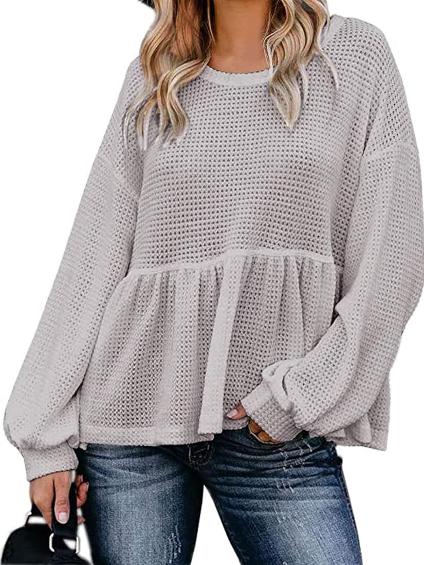 Womens Waffle Knit Shirts Long Sleeve Peplum Ruffled Layered Hem Blouse Tops | Amazon (US)